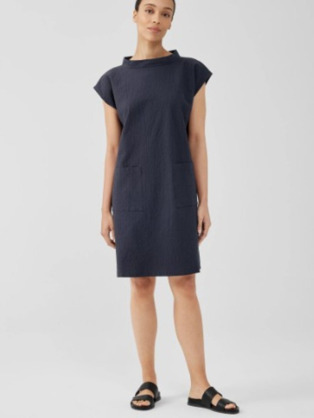 Eileen Fisher Organic Cotton Pucker Mock Neck Dress Dark Gray XL